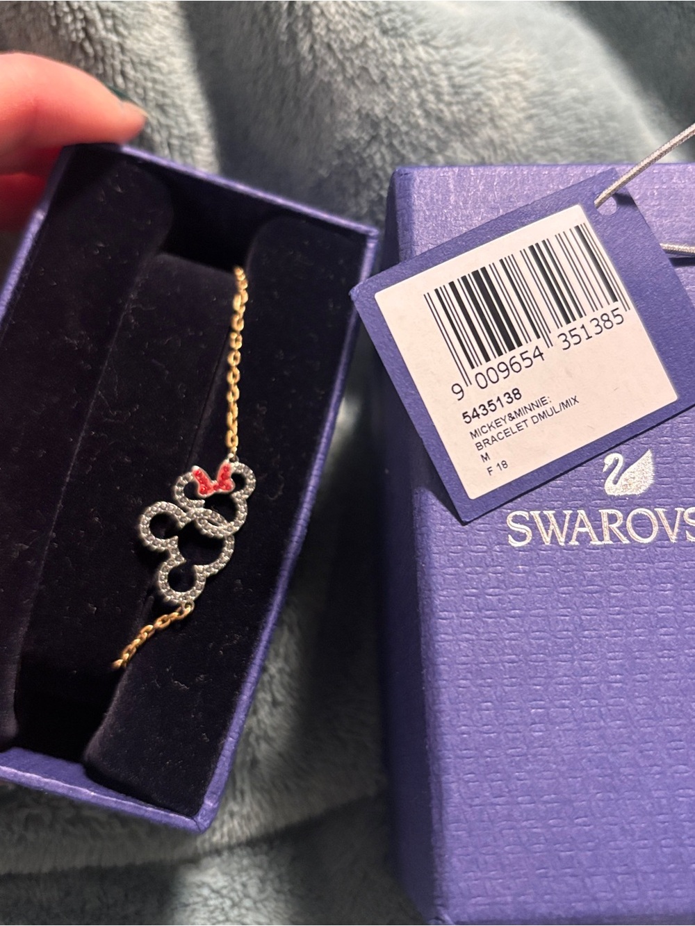 Swarovski Gold-Tone Crystal Minnie Mouse Bracelet with Black Pavé and Red Bow